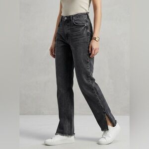Zara High Waisted Straight Leg Split Hem Jeans | Washed Black